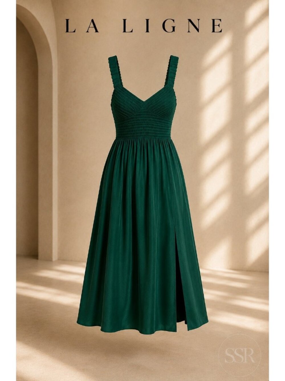 LA LIGNE Sarah Smocked-bodice 100% Silk Midi Dress In Forest Green Size M